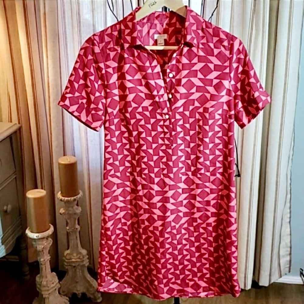 ‼️ J CREW Pink/Salmon Geometric Short Sleeve Button Collar Shirt Dress XS-Size 2